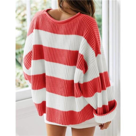 Women's  Fall Long Sleeve Crew Neck Sweater – Striped Color Block - Picture 3 of 7